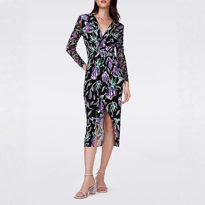 French Style Purple Tulip Print Dress 2024 Early Autum New Retro Polo Collar Wrap Skirt Long Skirt