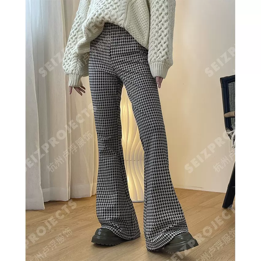 卢浮秋冬新款欧美摩登复古格纹微喇叭裤高腰显瘦弹力长裤女