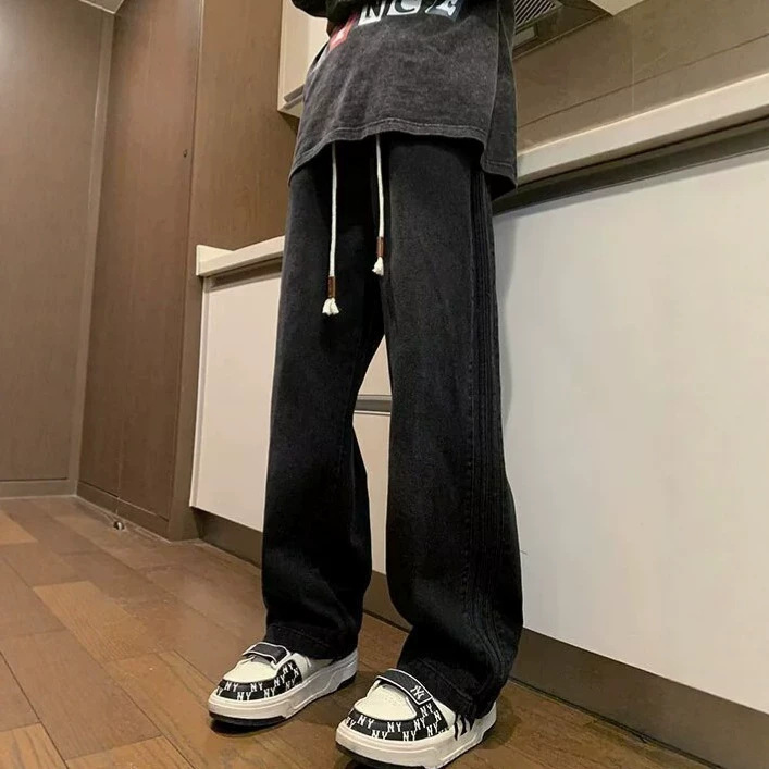 2026 Spring/Autumn straight-leg jeans for men, stylish and casual, trendy brand, elastic waistband, Japanese-style retro pants for teenagers 2026 Spring/Autumn straight-leg jeans for men, stylish and casual, trendy brand, elastic waistband, Japanese-style retro pants for teenagers