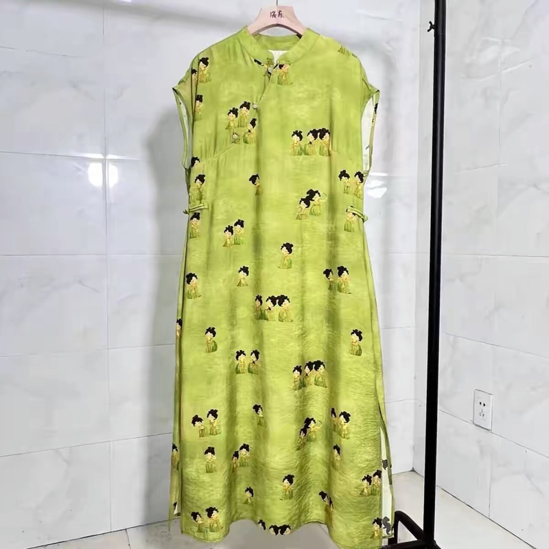Cotton and Linen Little Tang Dynasty Cheongsam Dress Summer Sleeveless Women's Waist dress New Chinese Style National Style Elegant Ethnic Style