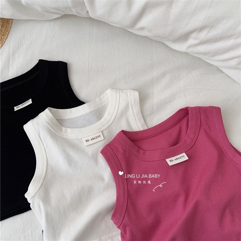 Summer Girls' Tank Top Baby Trendy Kids Personality Brand Korean Version Letter Patchwork Plain Color Innerwear Outerwear Top