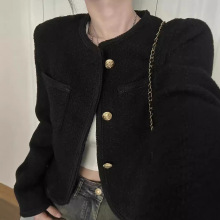 明星同款金扣毛呢短外套女气质优雅高级感纯色粗花呢圆领开衫女秋