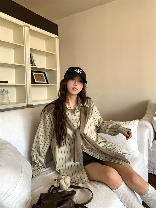 韩系竖条纹长袖衬衫2025秋季新款减龄宽松中长款chic别致上衣女潮|undefined