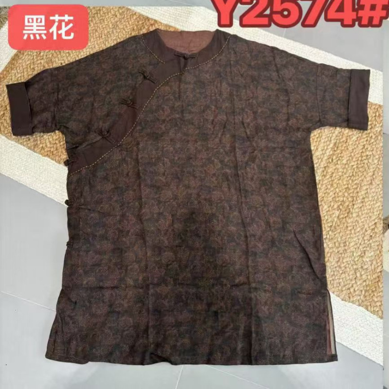2025 秋新款文艺中式斜襟盘扣圆领亚麻衬衫 印花复古风衬衣女|undefined