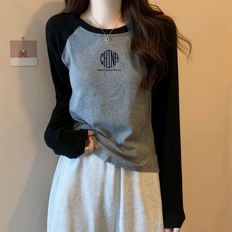 Patchwork Autumn Cotton Long-Sleeve T-Shirt for Female Students, Loose Fit, New Autumn Top Women's Long-Sleeve T-Shirt Patchwork Autumn Cotton Long-Sleeve T-Shirt for Female Students, Loose Fit, New Autumn Top Women's Long-Sleeve T-Shirt
