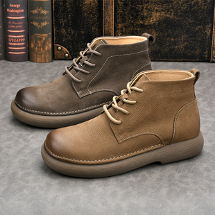 New High-top Martin Boots Men's Leather Casual Wide Toe fleece-lined Leather Shoes Men's Autumn and Winter Mid-top Thick-soled British Leather Boots