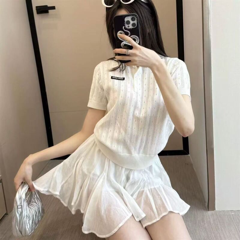 2026 Summer New Stylish Women's Youthful Versatile Korean-Style Hollow-Out Polo Collar Short-Sleeve Knit Top Trendy