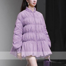 冬季新款时尚休闲减龄灯笼袖宽松A摆羽绒服加厚白鸭绒抽褶外套女