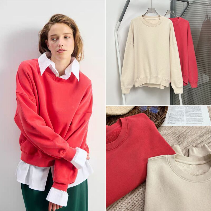 House26 Early Spring Letter Print Two-Color Faded Washed Soft Combed Cotton Drop Shoulder Pullover Sweatshirt for Women House26 Early Spring Letter Print Two-Color Faded Washed Soft Combed Cotton Drop Shoulder Pullover Sweatshirt for Women
