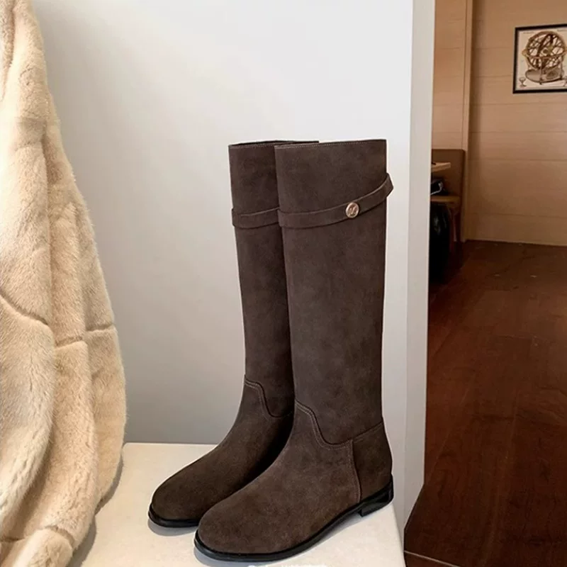 Leather high boots, Korean style, genuine leather, fitted