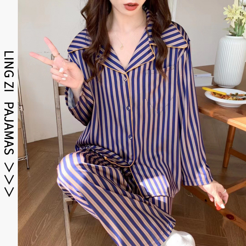 [Lazy weekend] advanced ice silk pajamas women's autumn striped ins style light luxury European home wear women's autumn and winter