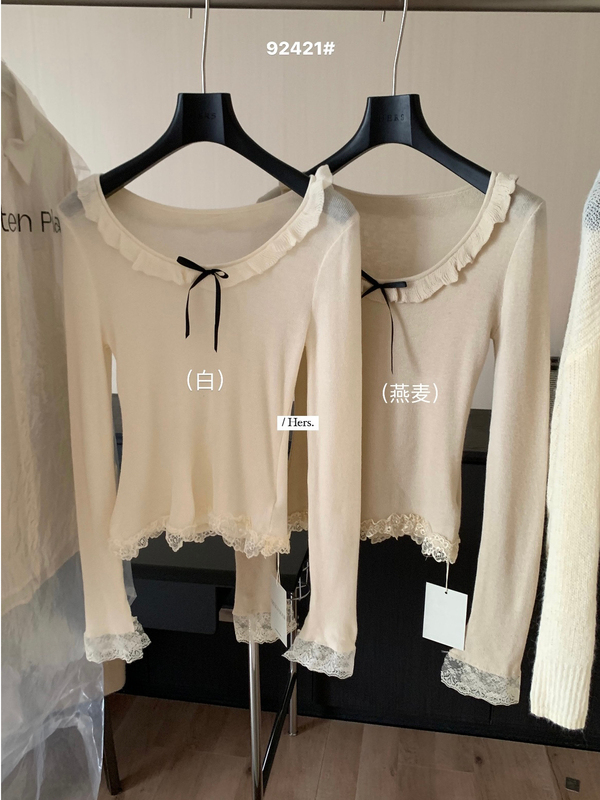 Hers一勺甜秋季法式复古蕾丝拼接蝴蝶结百搭U领长袖针织衫女92421|undefined