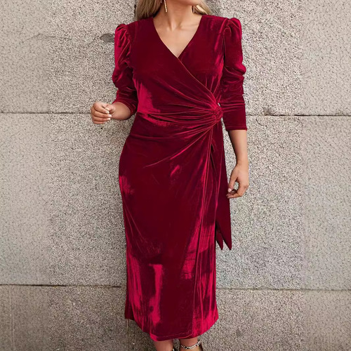 European and American autumn/winter hot-selling v-neck elegant, chic, casual, fashionable solid-color long-sleeved dress for women