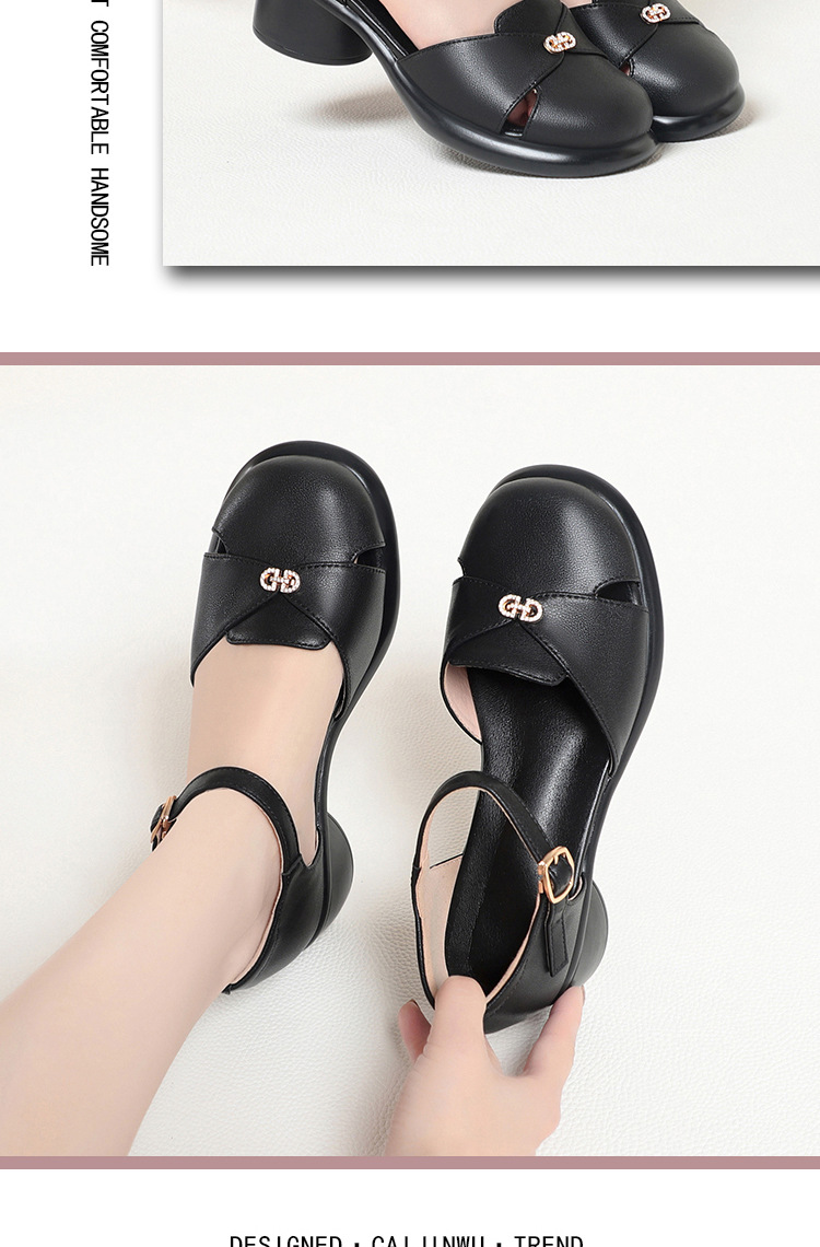 Sandal cao gót nữ quai ngang da bò thật, gót vuông ổn định, đế dày phong cách La Mã — Đen【Da bò lớp đầu】 chi tiết 10