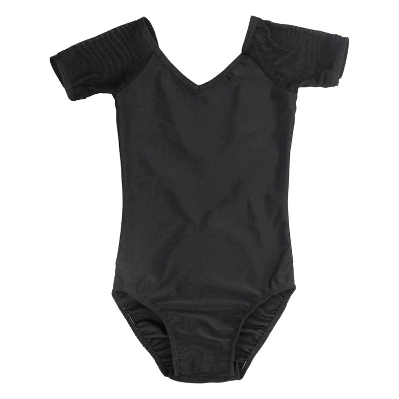 Ropa de baile para niños ropa de práctica ropa de ballet de manga corta con cuello en V de malla negra para niños ropa de rendimiento de una pieza para niños