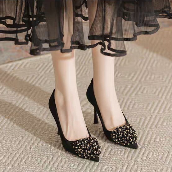 French-Style Pointed High-Heeled Single Shoes for Women 2025 New Suede Handmade Beaded Elegant Fashion Versatile Temperament Single Shoes