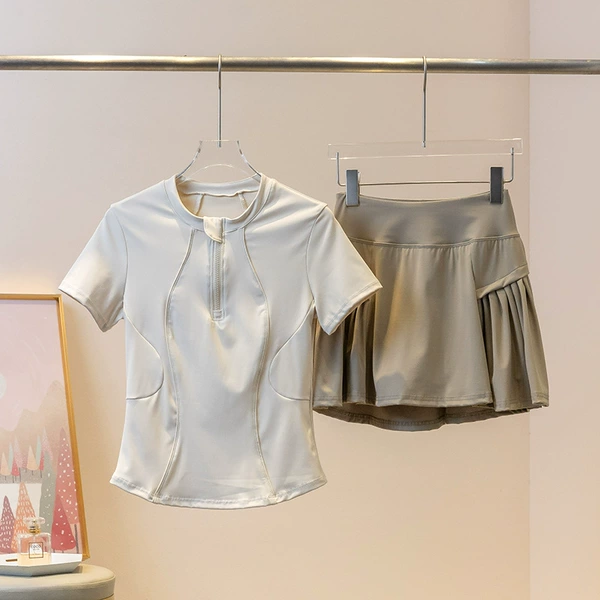 Set, mini-skirt, ivory, with short sleeve