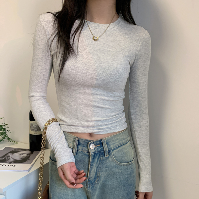 美式灰色正肩小衫长袖t恤女2025秋季新磨毛内搭打底修身百搭上衣|undefined