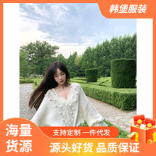 2025秋装新款法式镂空钩花女装针织毛衣V领宽松抽绳慵懒上衣外套