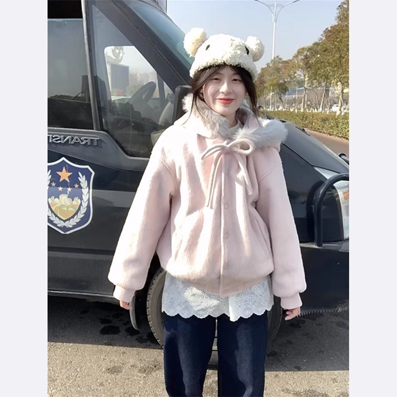 2025春秋新款温柔甜美粉色毛领连帽毛呢外套女韩系学院风卫衣夹克|undefined
