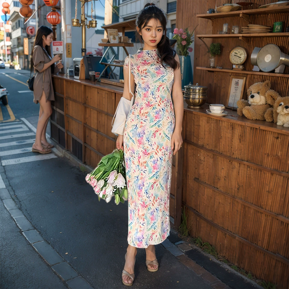 C044DS Европа и США Spice Girl 2024 Летняя мода новая цветная цветная печать с круглым вырезом без рукавов длинное платье