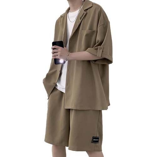 Fashion suit set for men: short-sleeved suit shirt and shorts, trendy brand, one set matching summer thin mens casual two-piece set