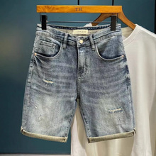 高端破洞牛仔短裤男士2025夏季新款潮牌痞帅刺绣休闲百搭五分裤子