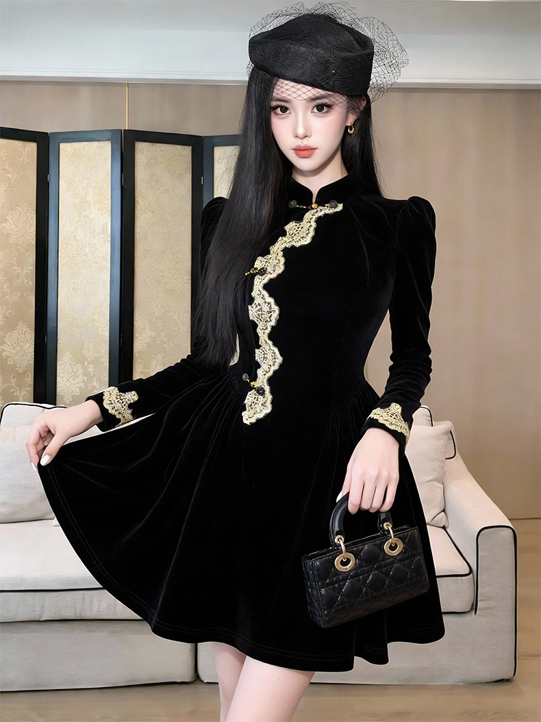 Váy sườn xám cải tiến phong cách Tân Trung Hoa chất nhung dáng suông midi — đen chi tiết 7