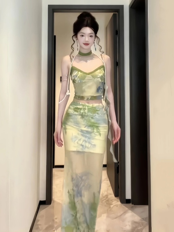 复古风中式上衣长裙套装印花吊带气质半身裙显瘦ins两件套|undefined