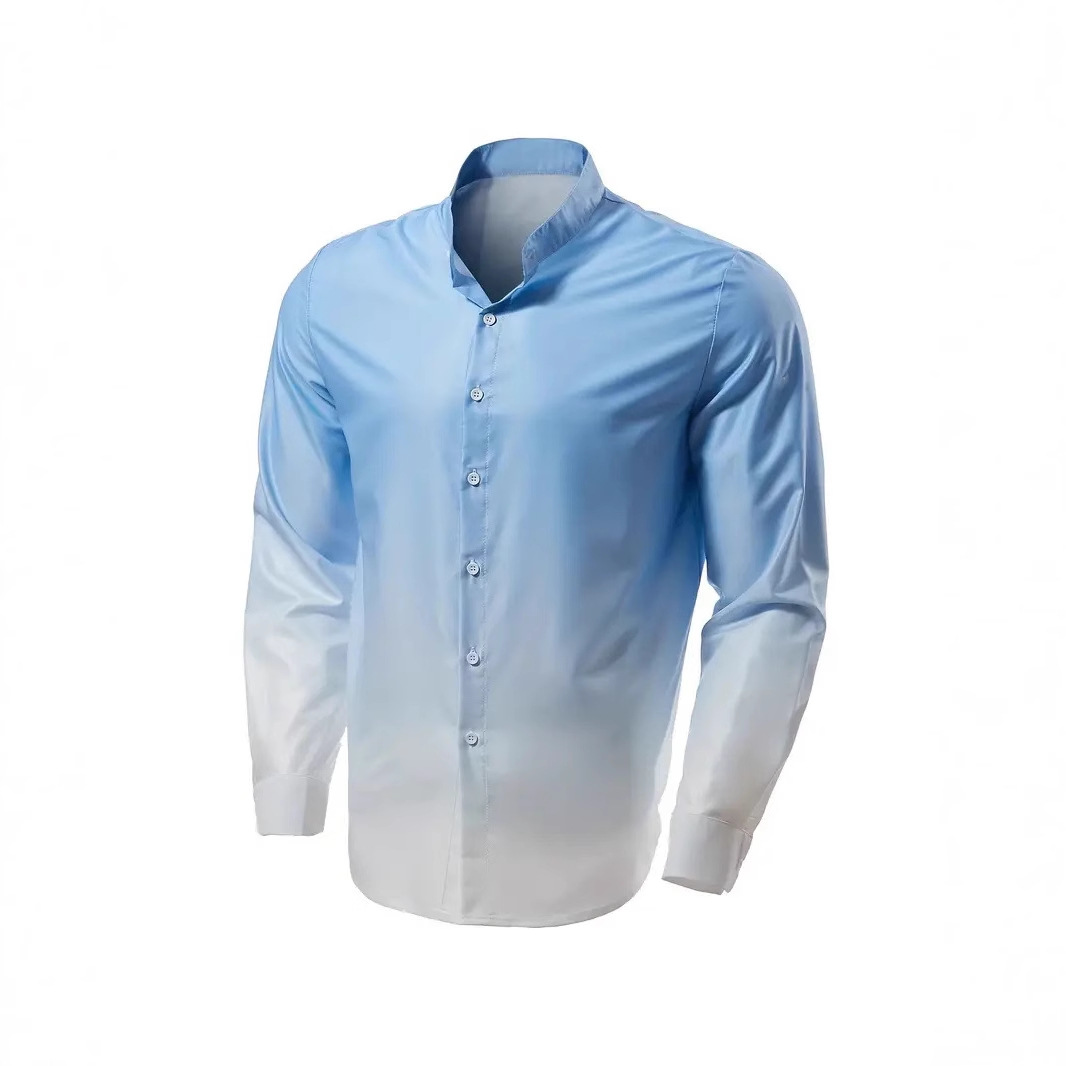 Camisa de manga larga con color degradado de estilo universitario de vitalidad juvenil, cómoda y transpirable, cuello alto que absorbe el sudor, top de un solo pecho MB29