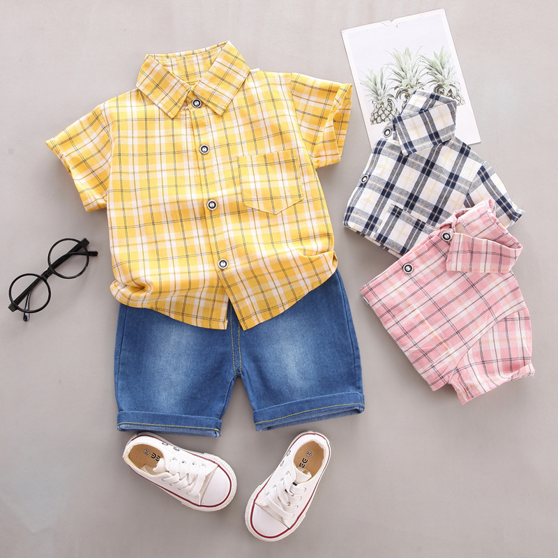 Children's clothing summer baby boy baby plaid lapel shirt elastic comfortable Denim shorts trendy two-piece set batch
