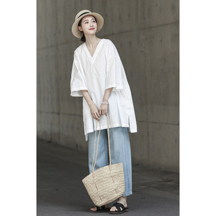 Slightly Chubby mm Japanese Style Fashion V Neck Simple Wide Casual Pure Cotton White Silhouette Top Women's New Summer Style