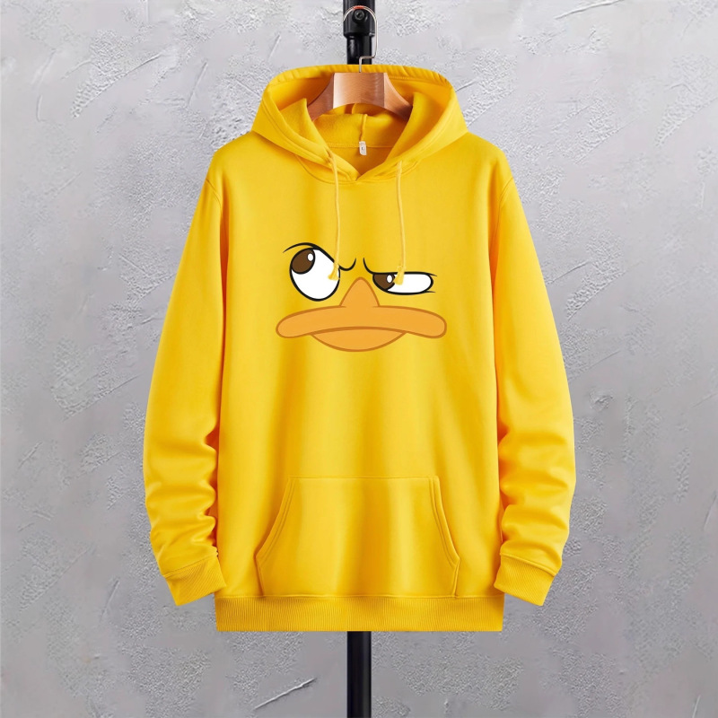 Men's Cartoon Duck 2D Printed Hoodie, Kangaroo Pocket Plaid Loose Fashion Drawstring Hooded Sweatshirt
