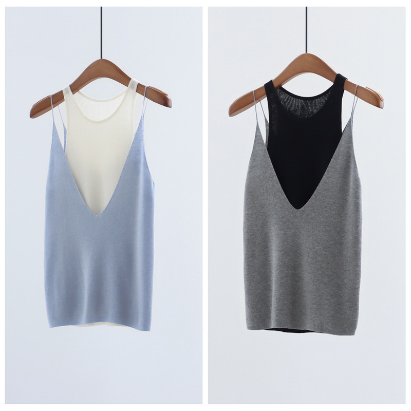 Stackable Early Autumn Deep V Neck Knitted Suspender Wool Blend Sleeveless Bottoming Top Pure Color Versatile Pullover Inner Wear