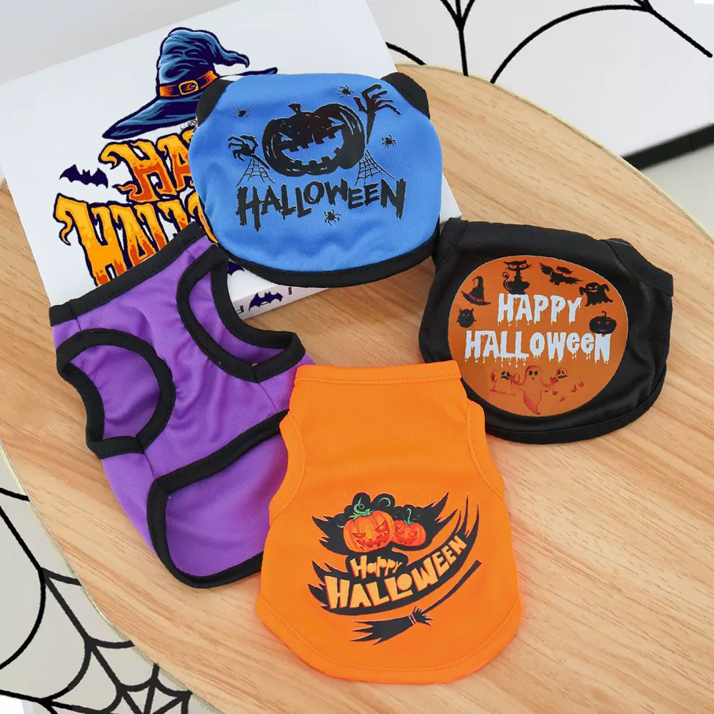 В наличии: Хэллоуинский жилет для кошек и собак, тонкая одежда с принтом тыквы для померанских шпицев, собак породы тедди, бишон фризе, маленьких собак, очень милый.