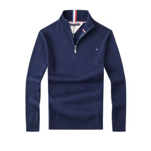 Cross-Border Wholesale Tomm Tommy Men's Sweater Thickeneded Stand-Up Collar Zipper Pullover Knitwear Men's Pure Cotton Embroidered Knitwear