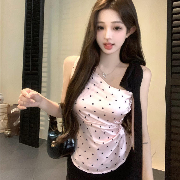 Beautiful Sweet Spice Girl Contrast Color Slim-fit Slim-fit Beautiful Back Camisole Summer Design Polar Dot All-match Sleeveless Top