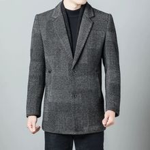 秋冬新款人字纹毛呢休闲西服外套羊毛围巾款中老年男装大衣夹克