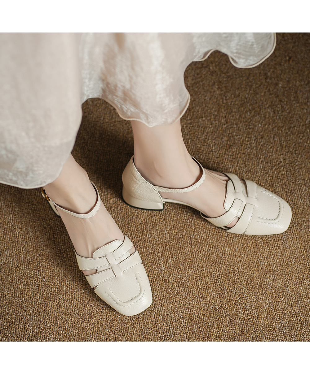 Sandal nữ da cừu mũi nhọn quai khóa gót thô 9 cm — đen chi tiết 8