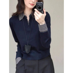 新款2025秋季复古小众设计感格纹拼接polo领针织衫毛衣女