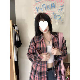 复古粉青色格纹衬衫女2026新款韩版气质ins宽松休闲显瘦衬衣外穿