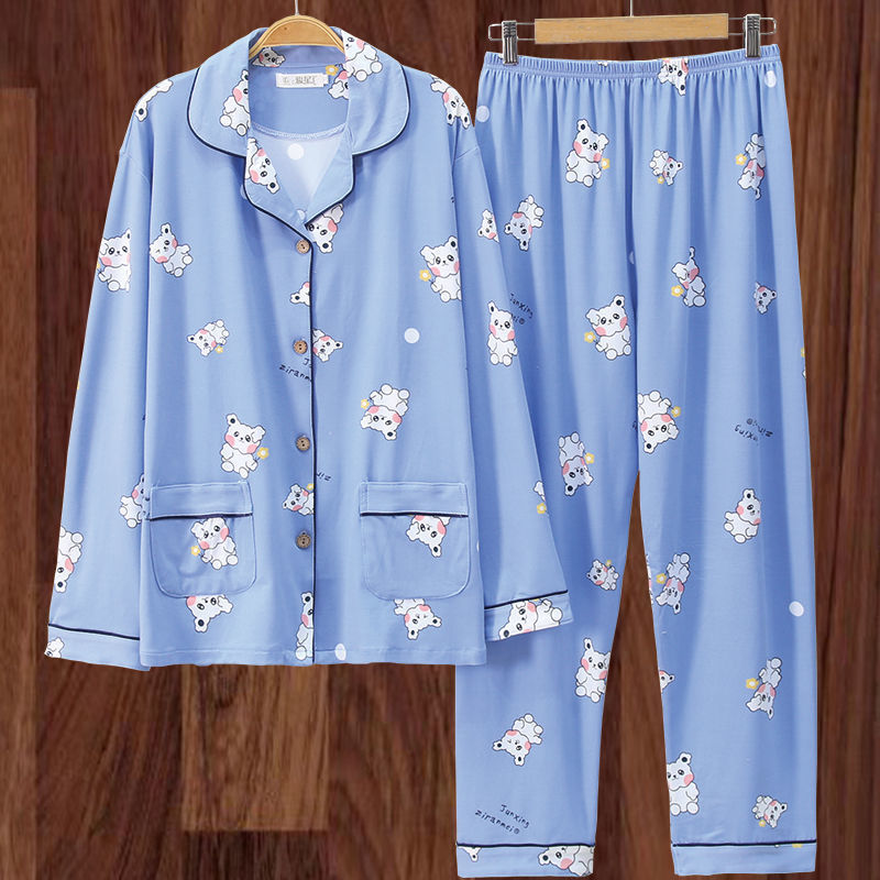 100% algodón más el tamaño de los pijamas de las mujeres Primavera, Otoño e Invierno manga larga suelta de mediana edad y joven confinamiento desgaste del hogar traje de verano