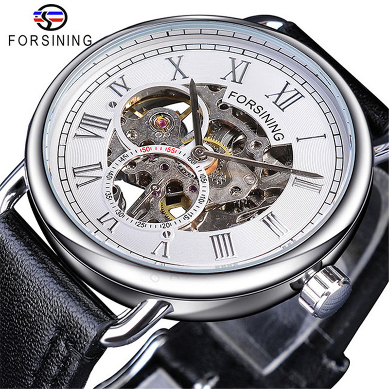 Forsining reloj de los hombres de la moda cinturón casual clásico popular hueco transparente inferior manual reloj mecánico