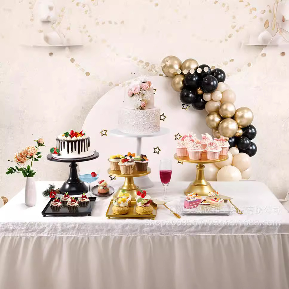 Estandante de pastel de oro, estante de visualización de pastel de metal de 5 piezas de fiesta, conjunto de exhibición de mesa de postre para bodas