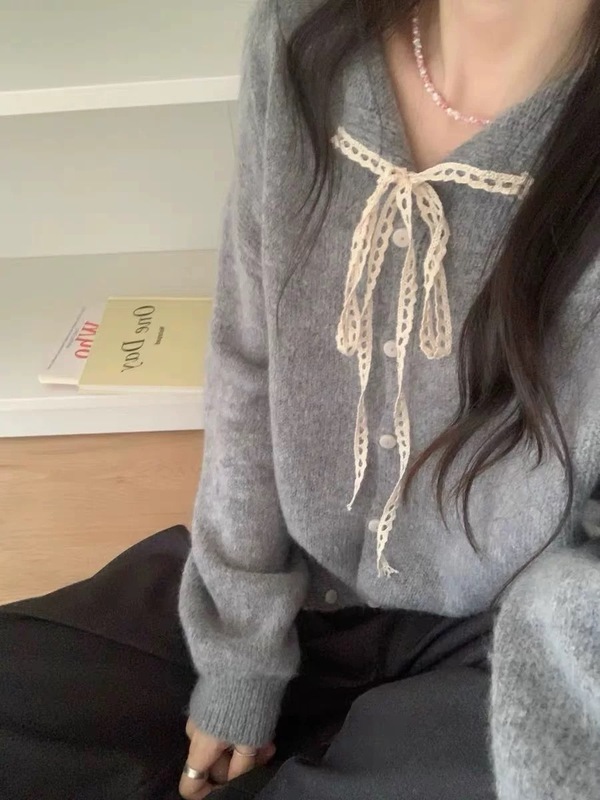 韩系甜美风软糯蝴蝶结蕾丝系带领毛衣开衫女秋冬款高级感软糯小衫|undefined
