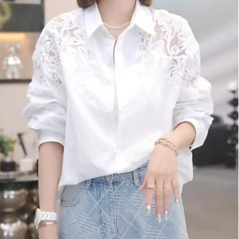 This Year's New Thin Long-Sleeved White Plus-Size Top, Crochet Shirt, Collared Shirt, Women's Hollow-Out Sleeveless Shirt for Spring and Summer This Year's New Thin Long-Sleeved White Plus-Size Top, Crochet Shirt, Collared Shirt, Women's Hollow-Out Sleeveless Shirt for Spring and Summer