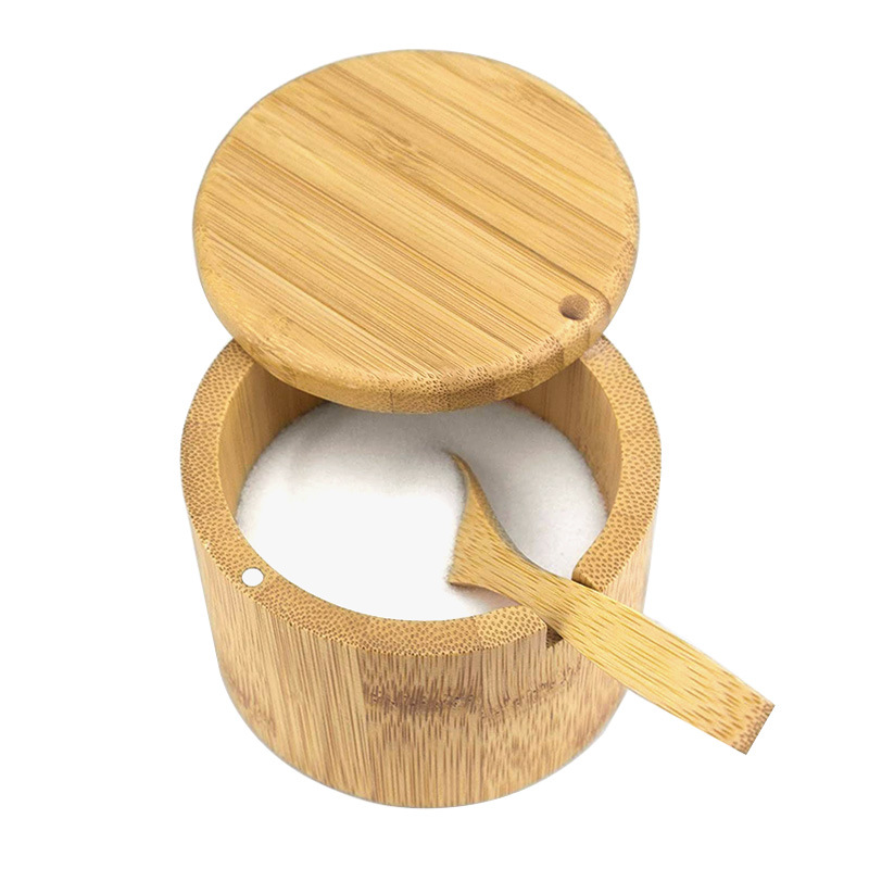 Tarro de sal de bambú transfronterizo suministros de cocina Tarro de condimento de bambú con cuchara Caja de condimento de bambú en stock Estante de especias
