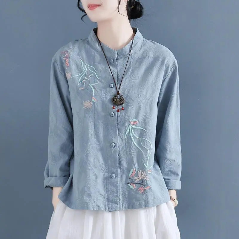 Chinese Style Embroidered Cotton and Linen Shirt Vintage Buckle Long Sleeve Collar Tea Clothes Loose Base Shirt