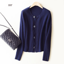 羊毛混紡2022秋冬新女士寬松圓領藏藍色鑽扣短款外套毛衣針織開衫