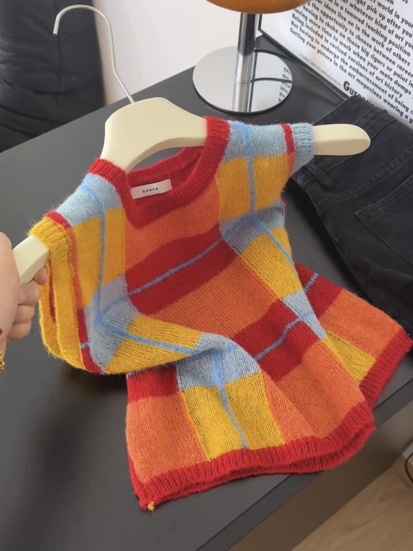 原创设计！韩版复古彩色格纹针织马甲背心女宽松百搭通勤时尚休闲|undefined